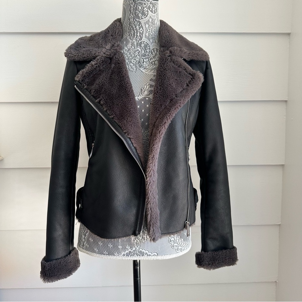 Mango Faux Shearling Lined Jacket XXS Moto Biker Jacket - Picture 5 of 12
